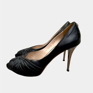 Salvatore Ferragamo black leather peep toe bronze heel stilettos